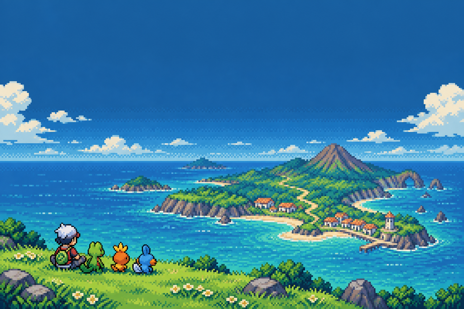 A trainer and three Pokémon look across the sea toward a green island.